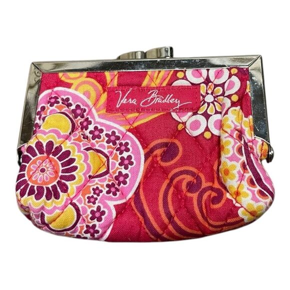 Vera Bradley Coin Purse Floral Pink Silver Metal Kisslock Raspberry Fizz Lined - Picture 1 of 6